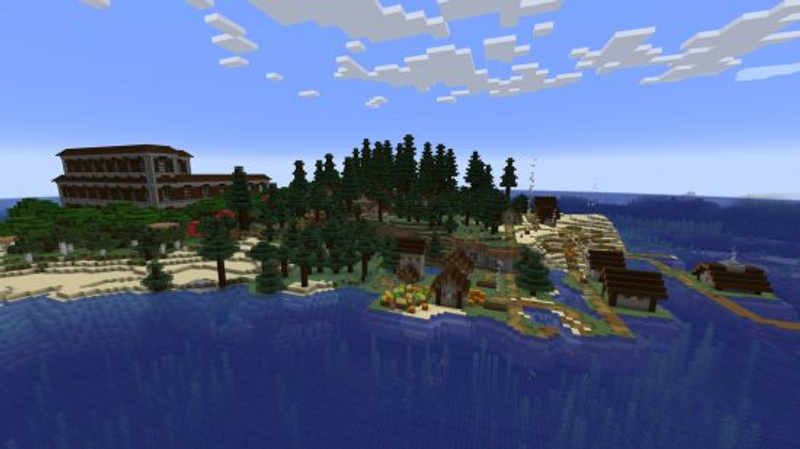Seeds do Minecraft: Seed de ilha - uma rara ilha do Minecraft com um bioma de taiga, uma vila, uma praia e uma mansão do bosque.
