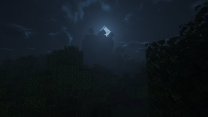 Uma cena noturna em Minecraft, com a lua surgindo acima da paisagem.