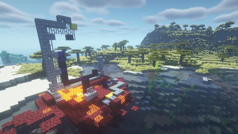 Um portal do Nether arruinado em Minecraft.