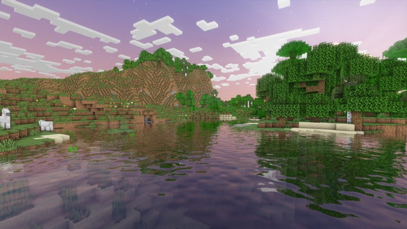 Um corpo d'água em frente a uma floresta montanhosa no servidor Minecraft.