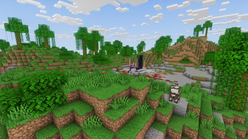 Uma paisagem de planícies no servidor Minecraft, com uma floresta ao longe.