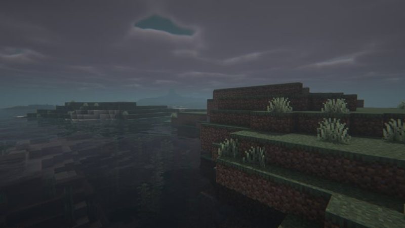 Detalhe da grama ao lado de um rio em uma paisagem nebulosa no servidor Minecraft.