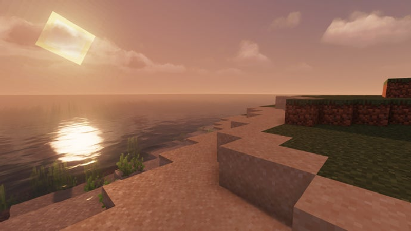 Uma praia no servidor Minecraft ao pôr do sol.