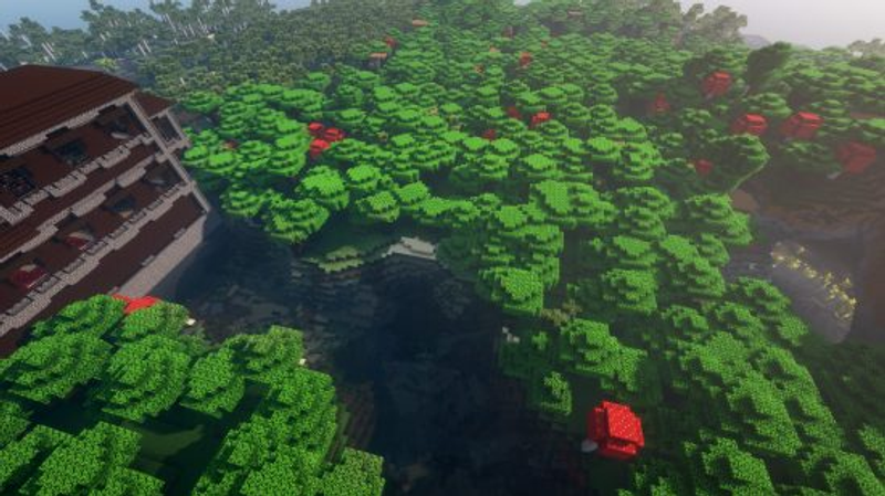 Melhores seeds do Minecraft: uma mansão do bosque nas margens de um rio no Minecraft, em frente a uma caverna exuberante.