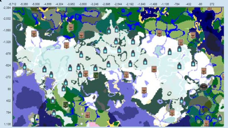 Uma imagem de cima para baixo de um mapa do Minecraft mostrando 25 Cidades Antigas em um raio de 5.000 blocos em uma das melhores seeds do Minecraft.