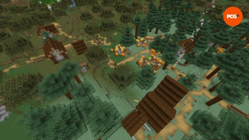 Uma vila na taiga parcialmente gerada em um bioma de pântano em uma das melhores seeds do Minecraft.